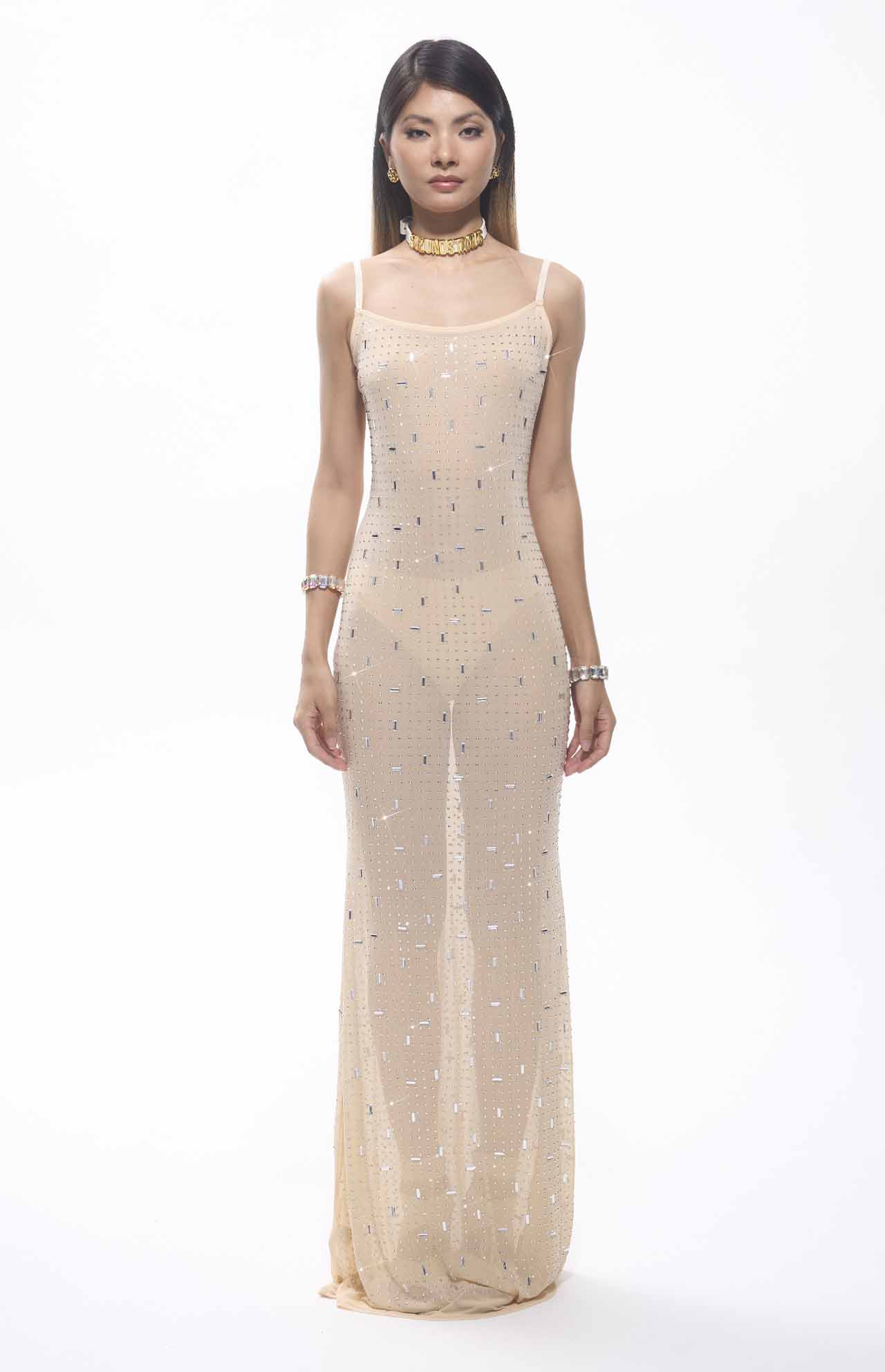 LuxeBeam Nude Sequin Maxi Dress – Sparkle & Shine