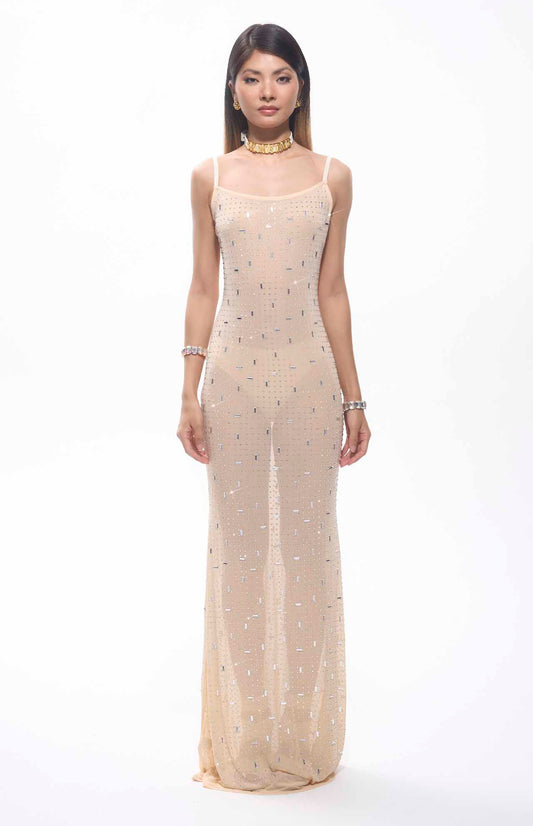 LuxeBeam Nude Sequin Maxi Dress – Sparkle & Shine